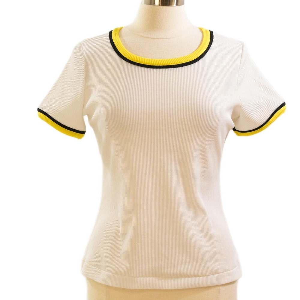 70s Vintage Ribbed Knit Top White W Black & Yellow Trim Scoop Neck Women M Kmart